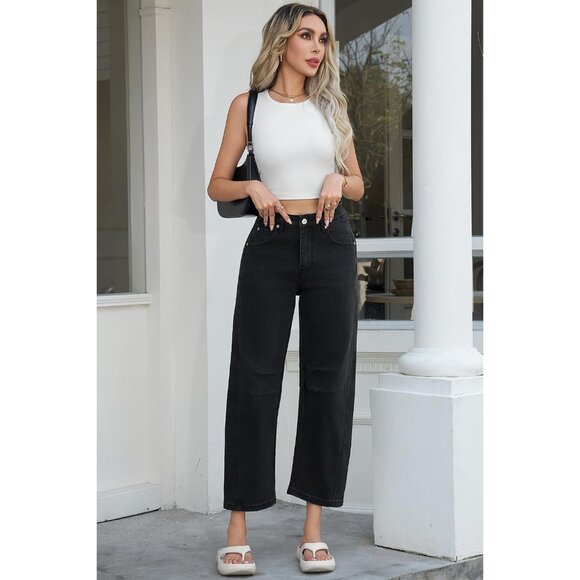 Women’s Baggy Wide Leg Mid Rise Cropped Denim Jeans with Pockets - Picture 7 of 7